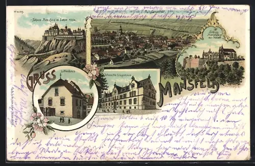 Lithographie Mansfeld, Johanniter Siegenhaus, Schloss Mansfeld, Lutherhaus