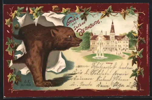 Lithographie Bernburg, Kurhaus, Bär, Neujahrsgruss