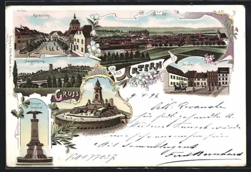 Lithographie Artern, Marktplatz, Sachsenburg, Kriegerdenkmal und Kyffhäuser Denkmal