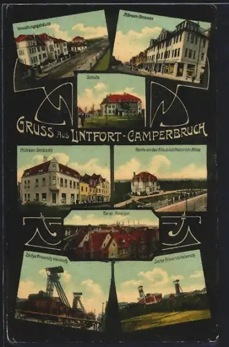 AK Lintfort-Camperbruch, Zeche Friedrich Heinrich, Mörser Strasse, Schule, Verwaltungsgebäude
