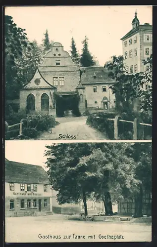 AK Grosskochberg / Thür., Gasthaus zur Tanne mit Goetheplatz, Schloss