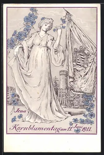AK Jena, Kornblumentag 1911, Dame im Gewand mit Kornblumen