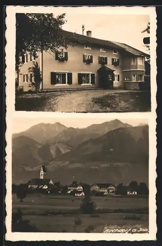AK Kirchdorf / a. Inn, Gasthaus im Ort, Ortsansicht mit Kirche und Bergpanorama