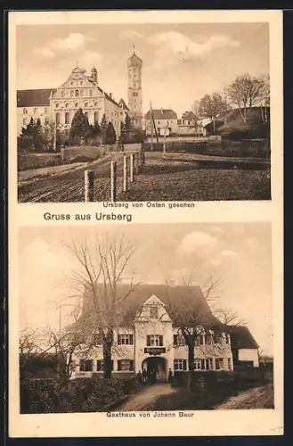 AK Ursberg, Gasthaus von Johann Baur, Ortsansicht von Osten gesehen