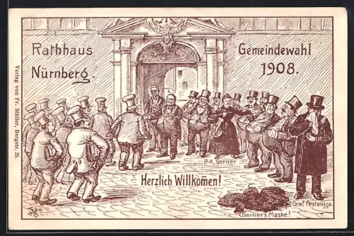 Künstler-AK Nürnberg, Gemeindewahl 1908, vor dem Rathaus