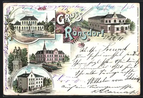 Lithographie Ronsdorf, Amtsgericht, Turnhalle, Post