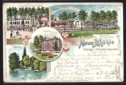 Lithographie Königs-Wusterhausen, Restaurant Neue Mühle, Inh, R. Riedel, Villa Müller