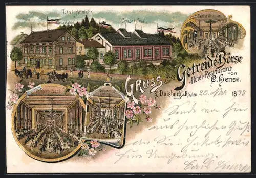 Lithographie Duisburg a. Rh., Hotel Restaurant Getreide-Börse, Inh. C. Hense, Conzert-Saal