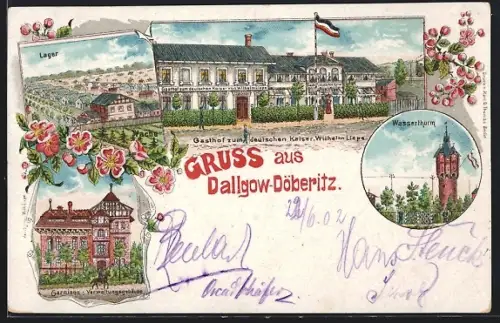 Lithographie Dallgow-Döberitz, Gasthaus zum Deutschen Kaiser, Lager, Wasserturm, Garnison- Verwaltungsgebäude