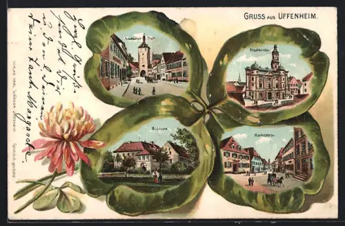 Passepartout-Lithographie Uffenheim, Schloss, Stadtkirche, Marktplatz, Ansbacher Thor