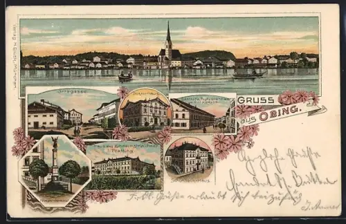 Lithographie Obing, Ortsgasse, Doktorhaus, Schuhbeck Haus, Kriegerdenkmal, Gasthof