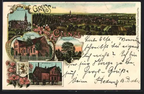 Lithographie Clenze, Totalansicht, Kirche, Apotheke, Molkerei