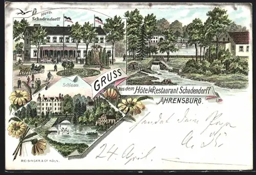 Lithographie Ahrensburg / Holstein, Hotel-Restaurant Schadendorff und Schloss