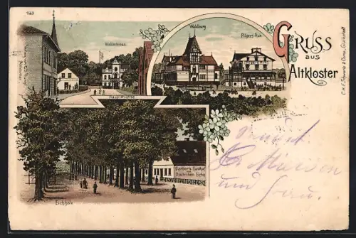 Lithographie Altkloster, Strassenpartie Eichholz mit Gasthof zur Deutschen Eiche, Hauptstrasse mit Gasthaus Waldschloss