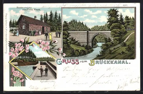 Lithographie Feucht, Restaurant von Friz Haas, Brückkanal mit Partie auf der Kanalbrücke