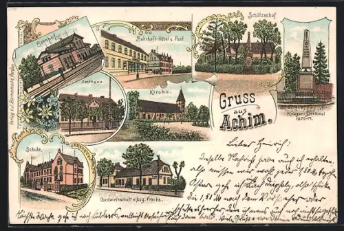 Lithographie Achim / Verden, Bahnhofs-Hotel und Post, Bahnhof, Gasthaus v. Aug. Franke, Amthaus, Krieger-Denkmal