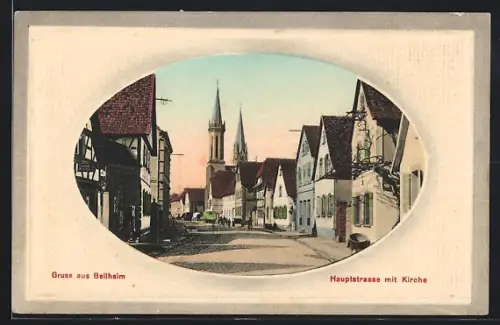 AK Bellheim, Hauptstrasse mit Kirche