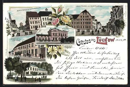 Lithographie Lüchow / Dannenberg, Hotel Zur Krone, Gasthof Schützenhaus, Bahnhof mit einfahrender Dampflok