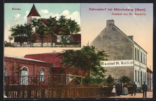 AK Dahmsdorf / Müncheberg, Gasthaus Rehfeldt und Kirche