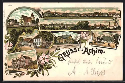 Lithographie Achim / Verden, Gasthaus am Kriegerdenkmal, Kaufhaus Waje, Bahnhof, Kirche, Schule