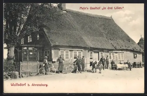AK Wulfsdorf /Ahrensburg, Meins Gasthof In drei Lilien mit kleiner Versammlung, Kuh, Fahrräder