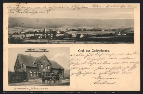 AK Cathrinhagen, Gesamtansicht, Gasthof H. Flentge mit Kutsche