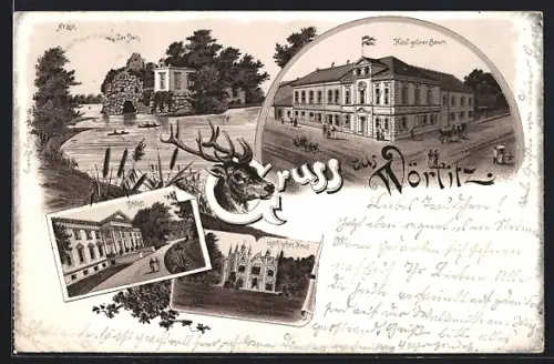 Lithographie Wörlitz, Hotel grüner Baum, Der Stein, Schloss