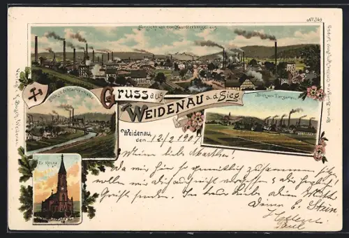 Lithographie Weidenau a. d. Sieg, Ev. Kirche, Blick v. d. Schlackenhalde, Blick vom Tiergarten