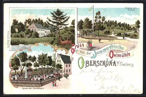 Lithographie Oberschöna b. Freiberg, Gasthaus Oelmühle mit Garten und Concerthalle