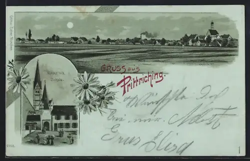 Mondschein-Lithographie Prittriching, Kirche mit Schule, Ortspanorama im Vollmondlicht