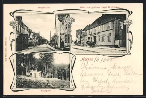 AK Aerzen, Hotel zum goldenen Engel, Bes. H. Redeker, Hauptstrasse und Waldquelle
