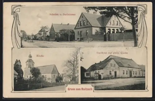 AK Roitzsch / Trossin, Schulen u. Dorfstrasse, Kirche und Gasthaus zur guten Quelle