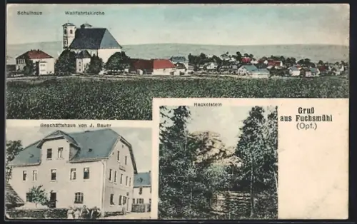 AK Fuchsmühl i. Opf., Schulhaus, Wallfahrtskirche, Gescäftshaus von J. Bauer und Hackelstein