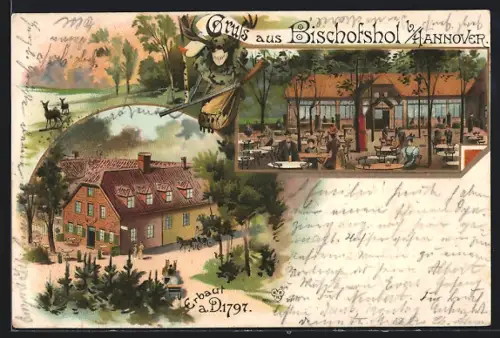 Lithographie Bischofshol, Gasthaus, Gartenterrasse