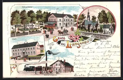 Lithographie Langenau / Sa., Hotel am Bahnhof, Schule, Kirche und Pfarre