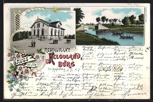 Lithographie Burg b. Magdeburg, Restaurant Helgoland und Kanalpartie