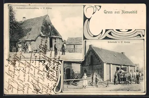 AK Nienwohld, Kolonialwarenhandlung von F. Krohn, Schmiede von F. Krohn