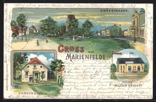 Lithographie Berlin-Marienfelde, Dorfstrasse, Militär-Bahnhof, Horstenstein