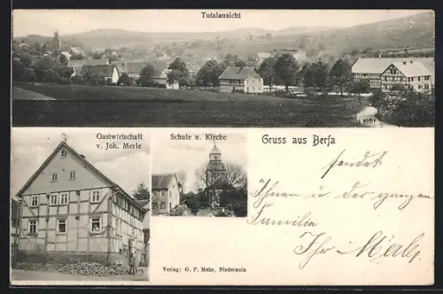 AK Berfa b. Alsfeld, Totalansicht, Gasthaus v. Joh. Merle, Schule und Kirche