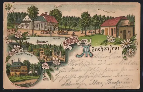 Lithographie Mönchenfrei, Königl. Beschäl-Station, Königl. Försterei und Garten