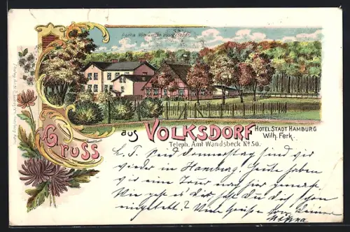 Lithographie Volksdorf, Hotel Stadt Hamburg von Wilh. Ferk, Partie vom Garten aus gesehen