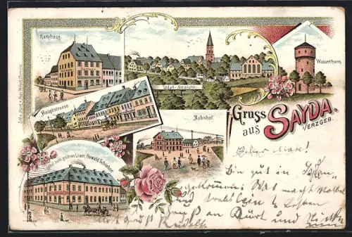Lithographie Sayda, Hotel zum goldenen Löwen v. Oswald Schönherr, Bahnhof