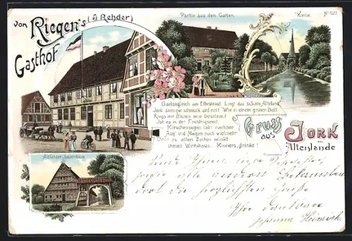 Lithographie Jork im Altenlande, Riegens Gasthof, Altländer Bauernhaus