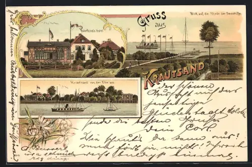 Lithographie Krautsand, Buhrfeind`s Hotel, Ortsansicht von der Elbe aus