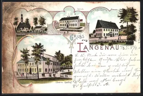 Lithographie Langenau / Sa., Oberer Gasthof, Kirche und Pfarre, Schule, Materialwarenhandlung v. Beckert