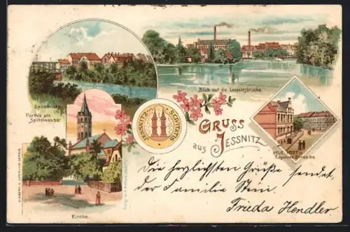 Lithographie Jessnitz, Neue Post und Raguhner Strasse, Kirche, Blick auf die Leopoldsbrücke
