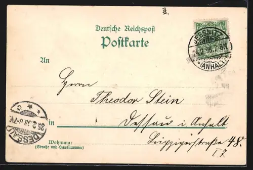 Lithographie Jessnitz, Neue Post und Raguhner Strasse, Kirche, Blick auf die Leopoldsbrücke