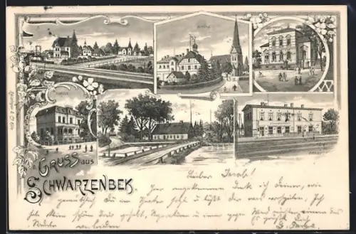 Lithographie Schwarzenbek, Kirche, Sparkasse, Bahnhof, Schule