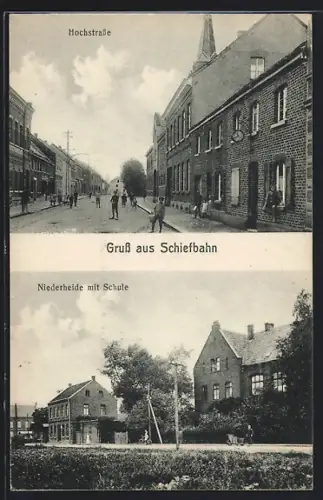 AK Schiefbahn, Niederheide mit Schule, Kinder auf der Hochstrasse