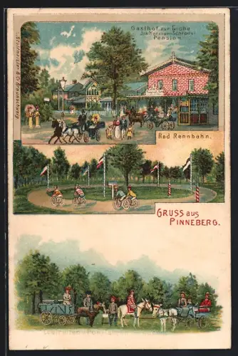 Lithographie Pinneberg, Gasthof zur Eiche, Radrennbahn /Velodrom
